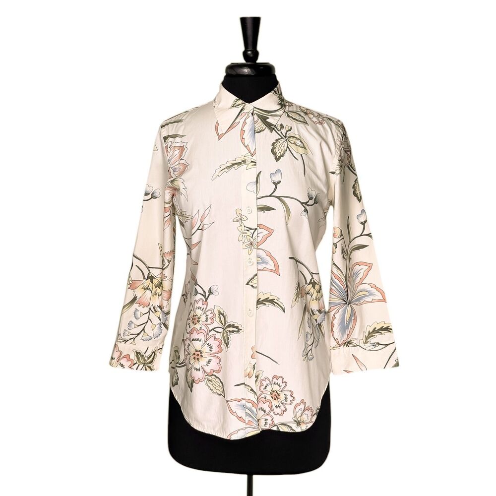Lauren Ralph Lauren Womens M Cream Floral Cotton Button Up Shirt 3/4 Sleeve Top